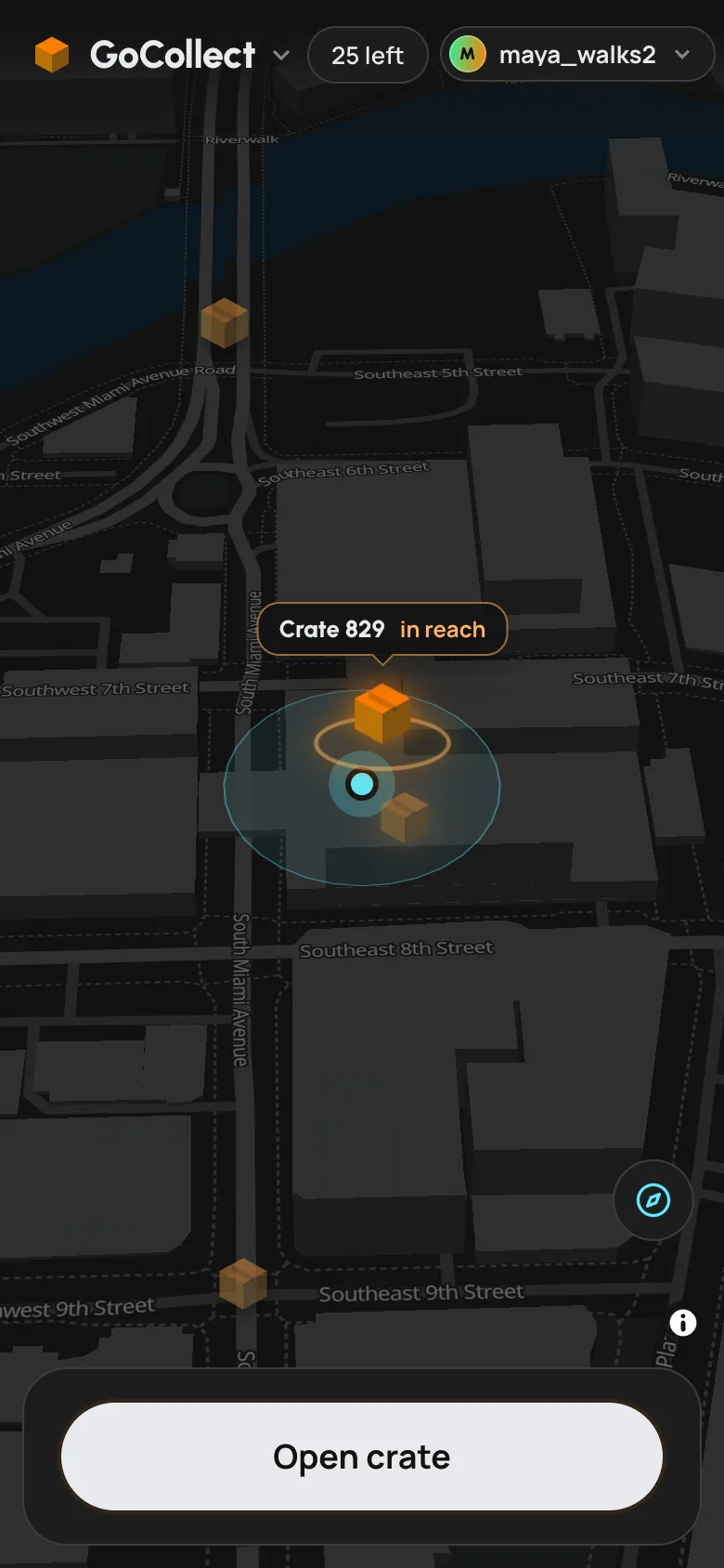 GoCollect map in Miami with Crate 829 in reach and an Open crate button.